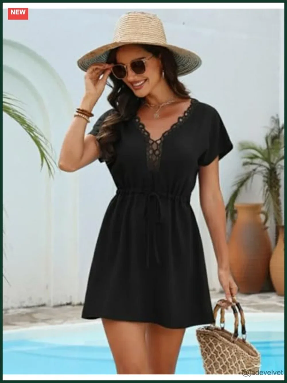 Lace Crochet V-Neck Short Sleeve Beach Cover Up Dress for Swimwear